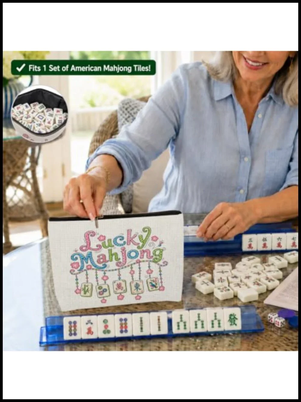 Linen Mahjong Tile Bag with Zipper for Travel
